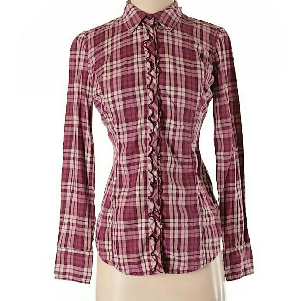 Plaid Ruffled Purple Guess Button Down XS